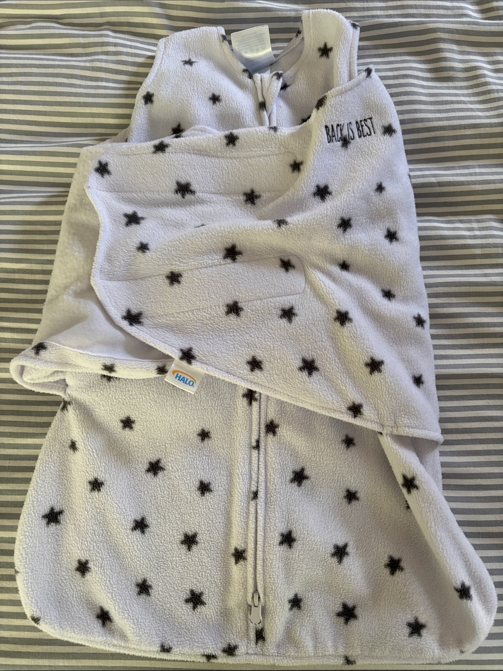 Halo Baby Fleece Sleep Sack in White with Black Star Print